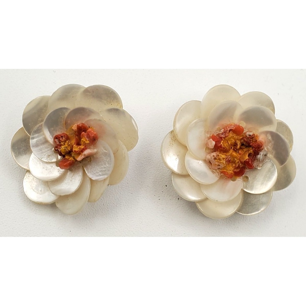 Vintage MCM Mother of Pearl Rose Blossom Flower Clip Earrings